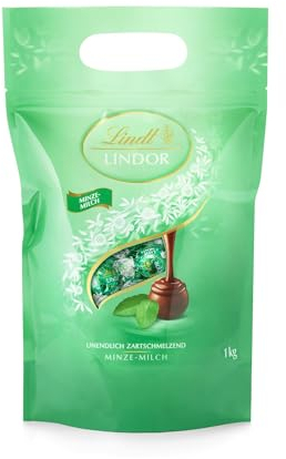 Lindt LINDOR, Minze Milch Schokolade Kugeln Beutel, 1kg Beutel wiederverschließbar, ca. 80 Kugeln, Großpackung, Pralinen-Geschenk, Schokoladengeschenk