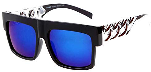 Übergroße Sonnenbrille für Damen - Diva - Groß - Rechteckig - Mädchen - Vintage - Retro - Mode - Elegant - Schwarz und Silber - Blaue Spiegellinse