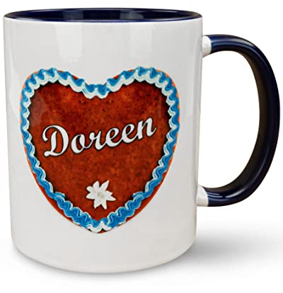 Unikatolo Tasse Lebkuchenherz mit Name personalisiert Herztasse bedruckt als Geschenkidee für Paare zum Einzug, Oktoberfest-Tasse, Bayern Volksfest Dekoration blau - weiß, Keramiktasse individuell