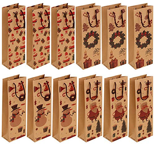 Gukasxi 12 Stück Weihnachts Flaschen Tasche Geschenktüten Flaschen Weihnachten Kraft Papier Flaschentaschen Geschenktüten für Wein Wiederverwendbare mit Griff 4 Weihnachtsmuster Designed Tragbare