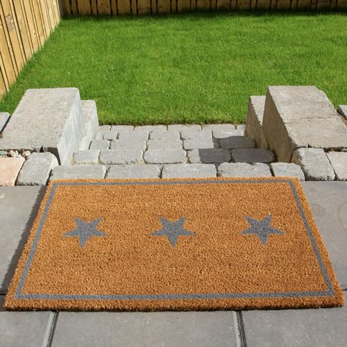 The Rug House Novelty Grey Star Coir Entrance Doormats Anti-Slip PVC Back Durable Decorative Welcome Front/Back Door Mats 45cm x 75cm