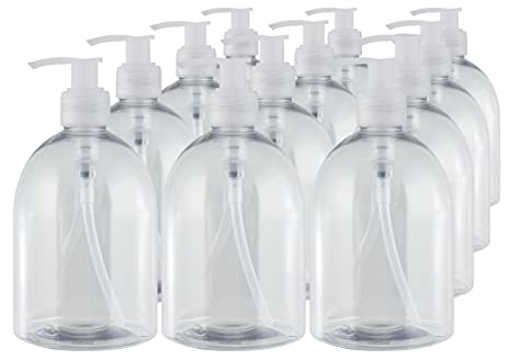 Bote dispensador de Gel rellenable 500 ml. Frasco dosificador hermético de plástico Pet Transparente para jabón, champú, lociones, hidroalcohol. (12 Unidades).