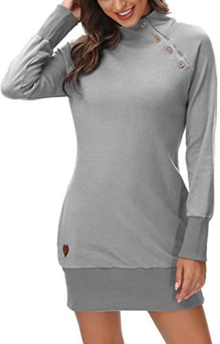 DOTIN Damen Sweatkleid Langarm Sweatshirt Hoodie Kleid Lange Pullover Outwear Jumper Tops Kapuzenpulli, Grau, S