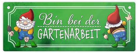 Bin bei der Gartenarbeit Metallschild mit lustigen Gartenzwergen um zu zeigen, dass man im Garten ist und nicht öffnen kann weil man Unkraut zupft