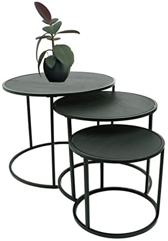 DIVCHI Nesting Coffee Table Set of 3 Round Bedside Tables Modern Wooden Look End Table with Black Metal Base Space Saving Nightstand for Living Room Bedroom & Balcony (Black)