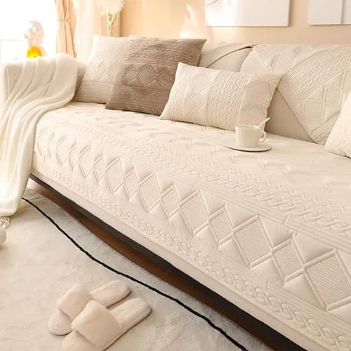 YHWW Samt Sofabezug Couchbezug Eckcouch L Form/U Form Sofahusse 3/2/4 Sitzer Sofaüberwurf Sofahusse rutschfest Sofa Abdeckung Hund Katze Sitzflache Sofaschoner (Beige,Grau), 110x240cm/43x94in