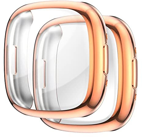 Acadeny [2 Stücke Hülle Kompatibel mit fitbit Versa 4/Sense 2, Roségold- hohe Transparenz Rundum Schutzhülle mit Displayschutzfolie, [Anti-Fleck] [Kratzfest] Ultradünne TPU Schutzhülle für