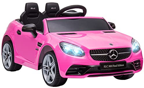 AIYAPLAY Coche Eléctrico para Niños de +3 Años, Mercedes SLC 300, Coche Eléctrico 12V, con Mando a Distancia 2,4 G, Ruedas Traseras con Suspensión, Faros LED, Música, USB, Motor Doble, Rosa