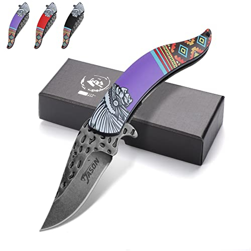 JASON Lila Klappmesser Einhandmesser Taschenmesser mit geschmiedeter Klinge Scharfes Jagdmesser im Indianerstil für Camping Abenteuer Jagd mit Geschenkbox