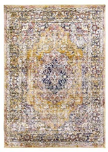SrS Rugs Vintage Rugs for Living Room, Bedroom, Dining Room, Kitchen Room - Boho Distressed Traditional Faded Ikat Style Multicoloured Design Smooth Soft Low Pile (Gold, 240 x 330 cm)