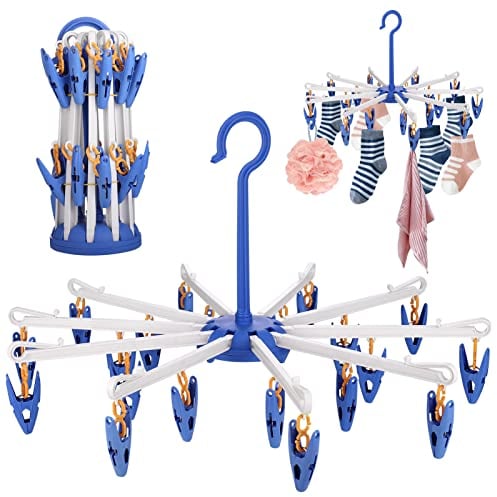 Hejo Rotatable Plastic Sock Dryer - 2 Pack with 20 Pegs, Hanging Folding Dryer for Socks, Underwear, Hats, Scarf, Towel (Blue, White, Orange)