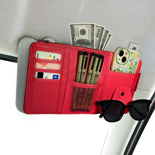 Global-Daily Car Sun Visor Organizer with Multi-Pocket Storage – Faux Leather Visor Pouch for Documents, Cards, Sunglasses, Phone & Pens – Car Interior Accessories for Car, SUV, Truck, Van (Red)