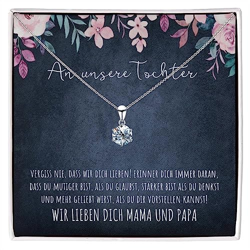 BYLITZ An unsere Tochter 925 Silber Halskette mit Spruch und Geschenkbox An meine Tochter Kette mit personalisierter Karte zum Geburtstag Weihnachten von Papa Mama Eltern (M3-1 Karat)