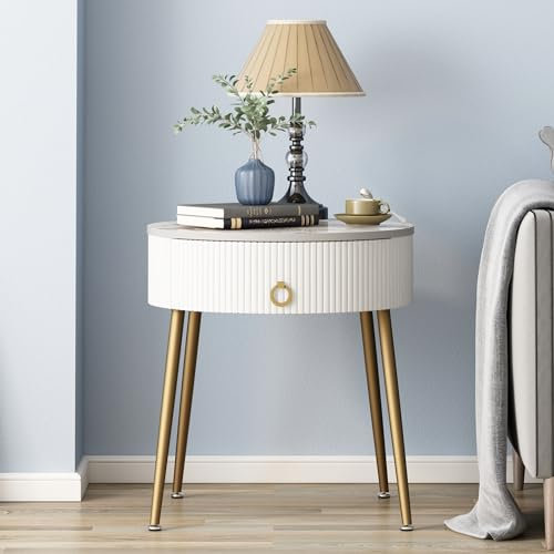 OIOG Runder Nachttisch mit Schublade, moderner Beistelltisch mit Marmorier-Naturstein-Tischplatte und Metallbeinen, kleiner Beistelltisch mit Stauraum für Wohnzimmer und Schlafzimmer, Gold