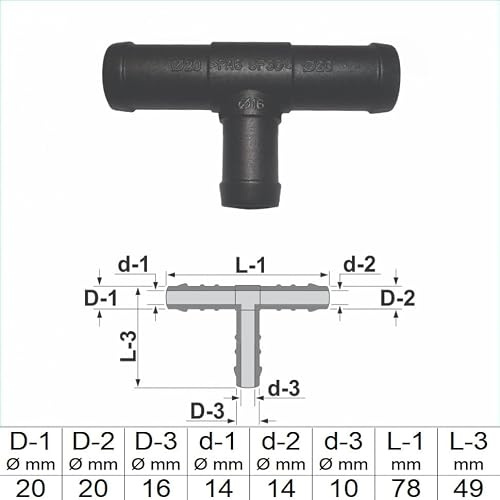 1, 2, 3, 5 oder 10 Stück T-Schlauchverbinder reduziert 20 mm 16 mm 20 mm PA GF30 T Stück schwarz (2)
