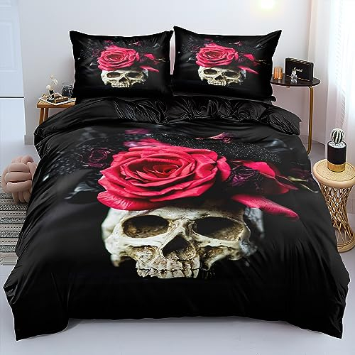 DXHOME 3D Bettwäsche 135x200 Schwarz Skull Gothic Style Bettwäsche Totenkopf Rose Blumenmotiv Weiche Mikrofaser Bettbezug Jugendliche Teenager Bettbezug mit Reißverschluss + 1 Kissenbezug 80x80 cm