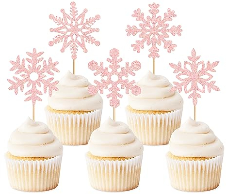 Blumomon 25 Stück Pack Schneeflocke Cupcake Topper Glitter Doppelschicht Winter Frozen Cake Topper für Geburtstagsfeier Weihnachten Hochzeitsfeier Kuchen Dekorationen Partyzubehör
