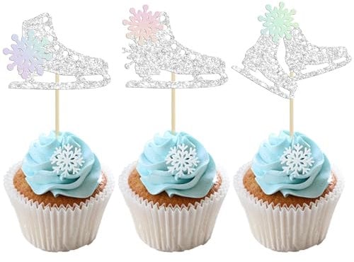 Gyufise 24Pcs Ice Skating Cupcake Toppers Glitter Snowflake Ice Sports Theme Cupcake Picks Baby Shower Cake Decorations for Skating Theme Kids Birthday Party Supplies Laser Silver