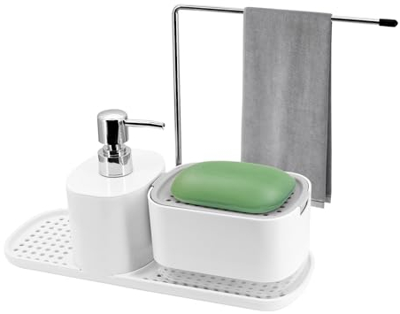 CheurYae Kitchen Soap Caddy, Newest 3 in 1 Sink Tidy with Soap Pump, Sponge Holder&Storage rack, Refillable detergent