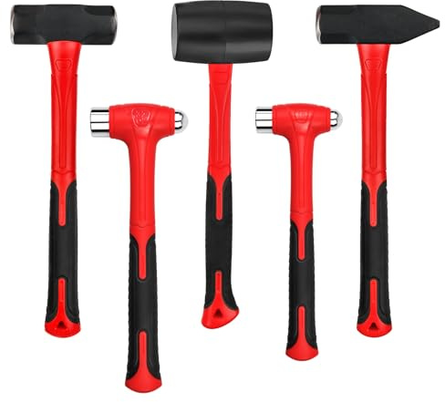 C&T 5-Piece Hammer Set, 16oz Ball Peen Hammer | 32oz Ball Peen Hammer | 32oz Rubber Mallet | 3lb Sledge Hammer | 3lb Cross Peen, Fiberglass Handle & Mallet Set