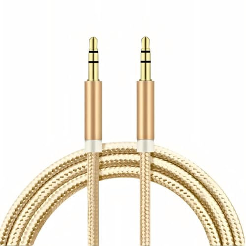 Aux cable 3.5mm Male Stereo Jack To Jack Audio Cable, Nylon Braided Aux Aux Stereo Cable Lead for Car, Headphone Mini Jack Male to Male Auxiliary TRS Lead Compatible with i-Phone, Sam-suing (Gold)