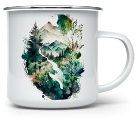 MAXIKIWI - Tasse de camping en émail durable pour intérieur et extérieur – Paysage nature aquarelle montagne – 350 ml