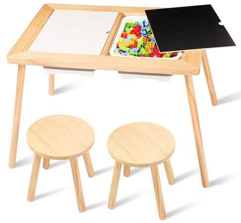 Sensory Table for Toddlers, Multifunctional Play Sand Table with 2 Foldable Bins & 2 Stools & 2 Double-Sided Lids, Art Drawing Table for Kids Wooden Children's Sensory Table for Boys Girls