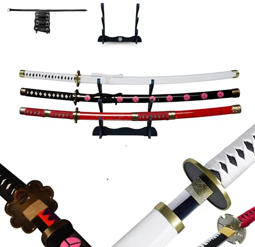 Hashiman - Triple Katana One Piece – Roronoa Zoro Shusui Wado Kitetsu – Drei Manga-Nachbildungen Säbel + Ständer für Schwert aus Holz + Dreifachgürtel, SH-511-7WDL