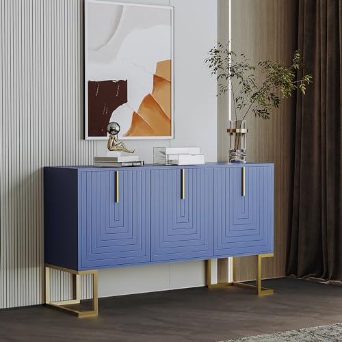 Merax Modernes 3-türiges Sideboard mit verstellbaren Regalen U-förmigen Schranktüren und Metallgriffen und Sockel für Esszimmer und Küche (Navy blau)