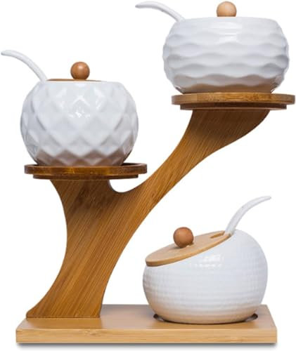 Lot de 3 pots à épices en céramique avec couvercle en bambou, cuillère et plateau, 170 ml, pots à épices, pots à sel pour le stockage du sucre, du sel, des épices, du café