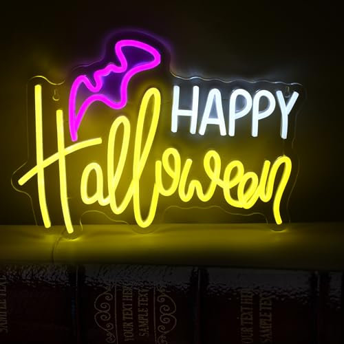 MaxAwe Panneau lumineux néon LED Happy Halloween à intensité variable, 40 x 29 cm, alimenté par USB avec interrupteur coloré pour décorations d'Halloween, parc d'attractions, chambre fantôme