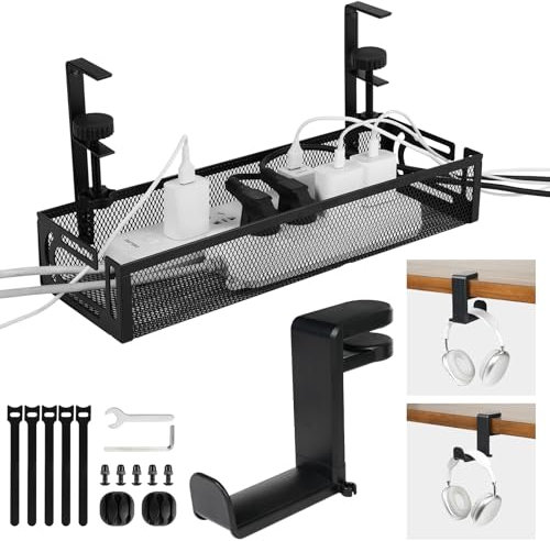 FERSTALO Under Desk Cable Management Tray with Headphone Stand, No Drill Cord Organizer for Desk with 2 Side Opening Hole & 360 Degree Swivel Headset Stand, Desk Wire Management for Home Office