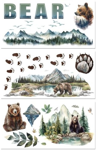 Peacoblue UV DTF Rub-On Transferfolie Möbel-Sticker Waldbär Muster 15x30cm, 3 Stk. Wasserfeste Deko-Transferaufkleber für Möbel Glas Gläser Porzellan Wäscheschränke Kommoden Holz Kunststoff