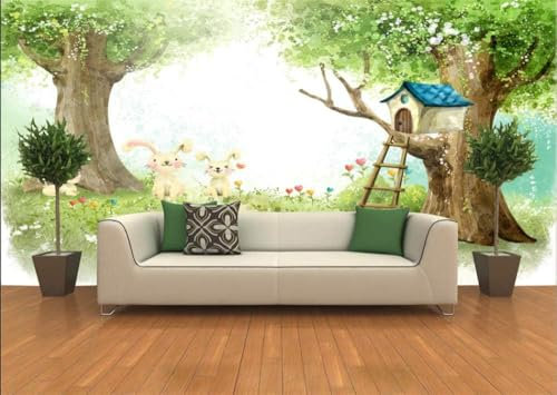 Tzxztt Cartoon Waldhase Holzleiter Moderne 3D Tapete Geprägte Seide Neutrale Töne Material Ideal Für Wohnzimmer Schlafzimmer-300cm×210cm