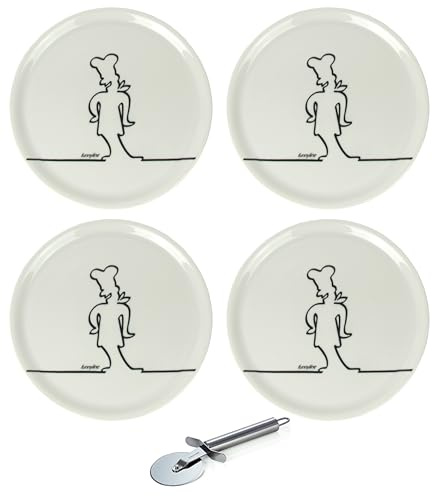 Lentz Pizzateller Ø31cm aus Porzellan mit lustigem Koch-Motiv (4er Set mit Pizzaschneider)