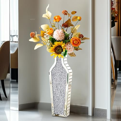 Artloge Silber Bodenvase Kristall Groß Vase 68 cm, Glas verspiegelte Diamanten Blumenvasen, Dekorative Luxus Vase für Wohnzimmer Home Decor Modern Glitzer Glasvase Standvase