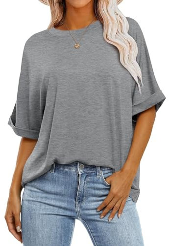 Cuptacc Tops Für Damen T Shirt Rundhals Oberteile Damen Sommer Oversize Shirt Locker Einfarbig T-Shirt Sky Groß L 42-44