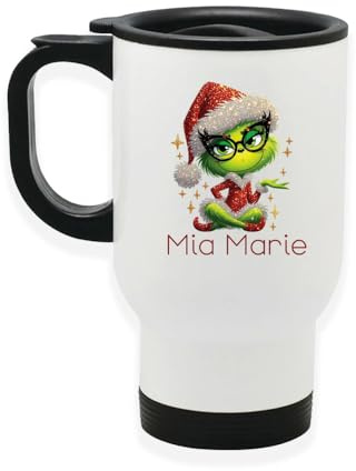 muckki.de Edelstahl-Thermobecher mit Deckel Weihnachten Lady-Grinch 4 personalisiert weiß