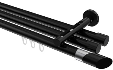 INTERDECO Innenlaufstange 20 mm 3-läufig Schwarz 140 cm | aus Aluminium, für Wandmontage, Endstück Verano (Schräge Chrom), kürzbar, Traglast bis 11 kg, Modern