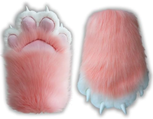 Comfy Furry Paws - Patte en fausse fourrure rembourrée Therian Paws - Grande taille - Gants à griffes dures - Pattes de chat - Pattes de loup - Gants en fourrure de renard, rose, Universal size