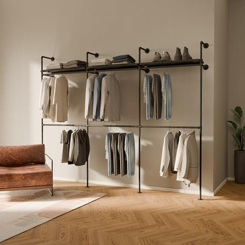 pamo Kleiderstange Wandmontage 460 kg Traglast - offener Kleiderschrank industrial schwarz aus Metall Wasserrohren mit Böden aus robustem Metall