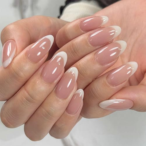 24 Stück French Press on Nails - Mittel Almond Nail Tips - Rosa & Weiß Falsche Nägel - Full Cover Nägel Zum Aufkleben French - Künstliche Fingernägel Für Frauen Mädchen Nail Art (Classic French)