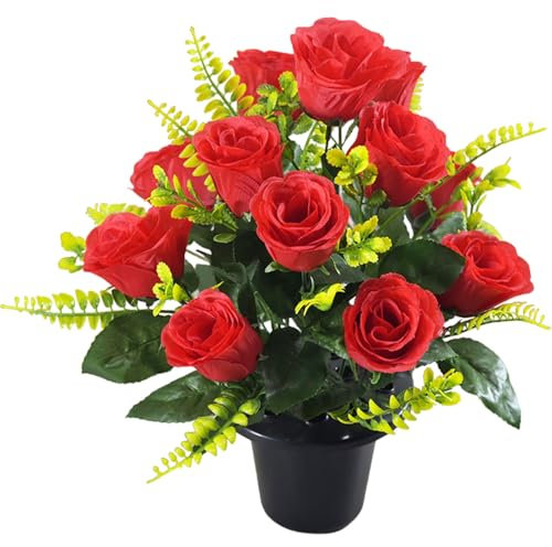 Muzrunq Roses de Fleurs Fleurs de cimetière en Pot avec des têtes en Tissu Soie, des Roses artificielles avec Une Plante en Pot à Faible Entretien pour la Tombe, Le cimetière et Les f