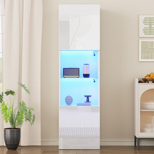 Goeria Weiße Hochglanzvitrine mit LED-Beleuchtung, 1 Glasböden, 45 * 35 * 160 cm, Vitrinen, freistehende Vitrinen, Hochschränke, Lagerschränke (Weiß)