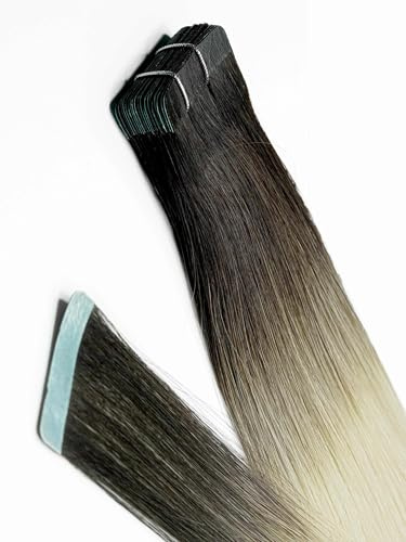 Haartick Wiederverwendbare 100% Echthaar Tape Extensions Ombré Schwarzbraun-Platinblond 60 cm glattes Haar 5 Tape Haarverlängerung Hair
