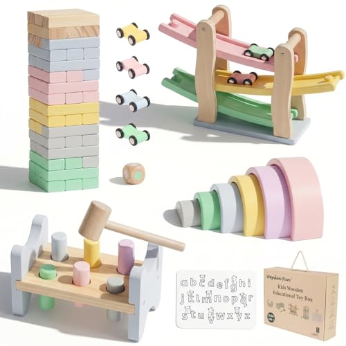 WOODENFUN Montessori Spielzeug Set Kinder Erleuchtung Holz Spielzeug 5pcs Set mit Holz gestapelt, Bausteine，Rampe Auto Rennbahn 3+ Jahre Kinder Geschenktasche (Set2)