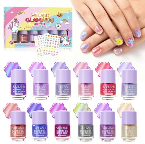 SAVILAND Nagellack Set auf Wasserbasis Peel Off Ngellack Ungiftig Kit Pflanzlicher Nagellack 12 Farben mit Nagelkunst Aufklebern & Abziehbildern Perfekt für Geburtstagsgeschenke