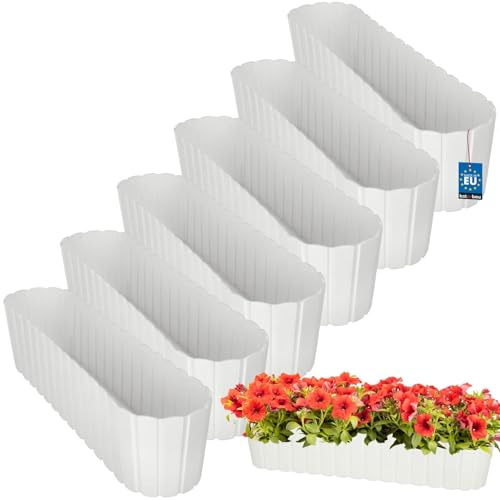 KOTARBAU® 6er Set Blumenkasten Balkon - Blumentopf - 60x14x13cm Weiß - Pflanzkübel - Pflanzkasten - Pflanzentopf - Kunststoff - Balkonkasten - Rustikal - Übertopf groß