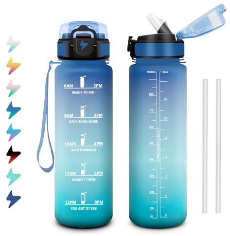 Botella Agua 1L, Cantimplora con Pajita, Fácil de Abrir, Reutilizable, con Cierre Seguro, Botella Agua Motivacional a Prueba de Fugas, Cantimplora para Senderismo, Gimnasio, Bicicleta, Adultos