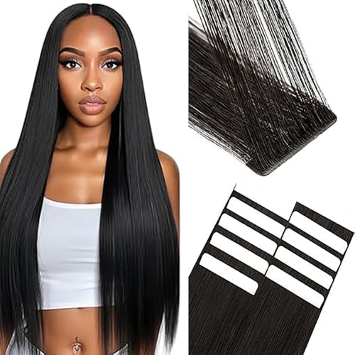 WuvuSnm Tape In Extensions Echthaar Human Hair Straight Invisible Extensions Natural Black Color Natural Black 28 Zolls 10 Pièces/40g Haarverlängerung Echthaar for Women Minimal Smell Low Shedding